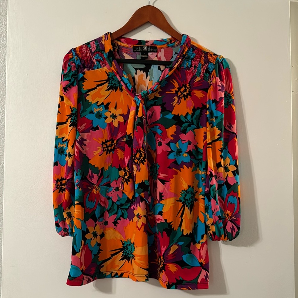 Beautiful floral enjoy teal, red & orange blouse with tiny neck size small